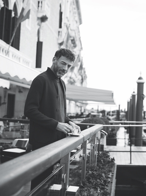 Navy wool cardigan, Enlist; charcoal grey cotton T-shirt, Sunspel; black wool wide leg trousers, AMI.