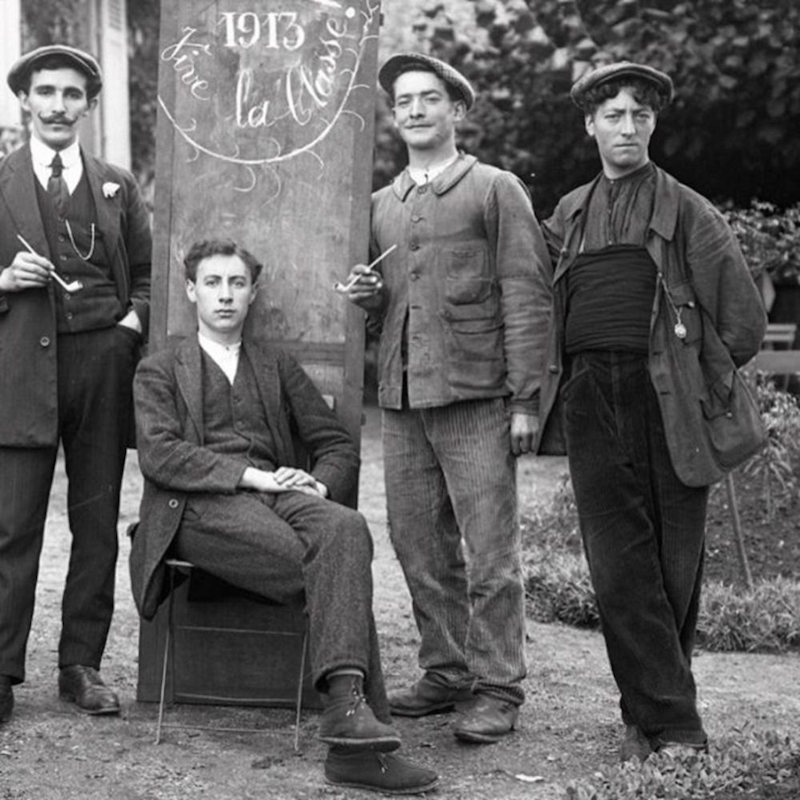 Conscripts wear wide-wale corduroy trousers, chore jackets and caps made in various wool patterns, 1913.