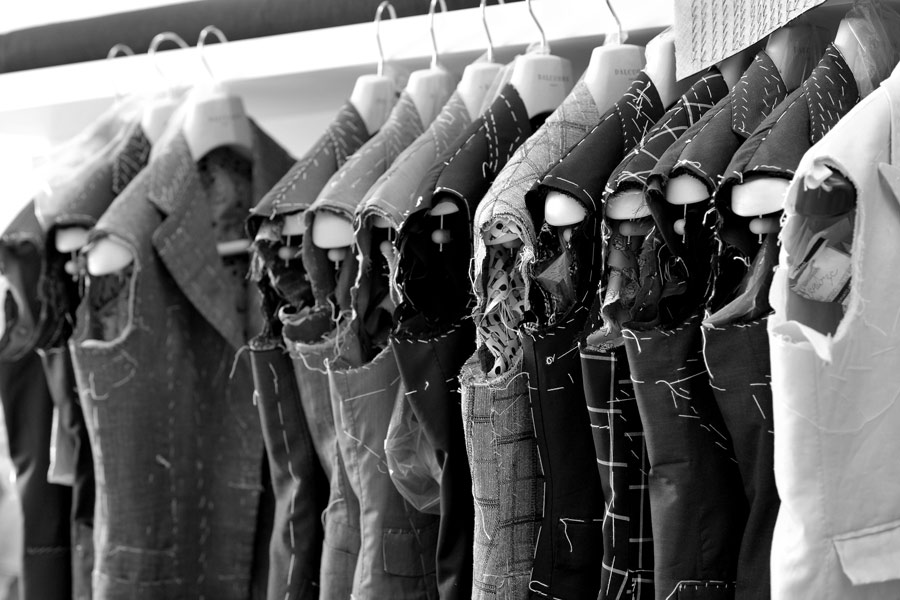 A rail of jackets in the construction stages.