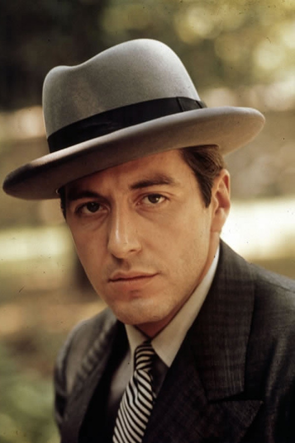 Al Pacino, as Michael Corleone, wearing a considered gangster staple; the Homburg hat.