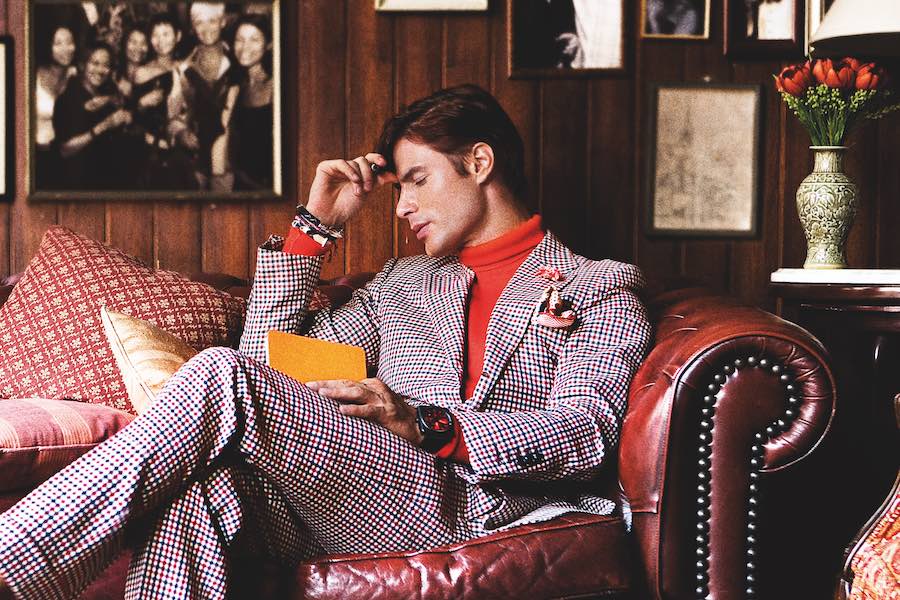 Cashmere wool, single-breasted suit, and cashmere turtleneck, both Tom Ford; loafers, Tod’s; BR 01-92 timepiece with red indices, Bell & Ross. Photograph by Munster, styling by Wei Koh.