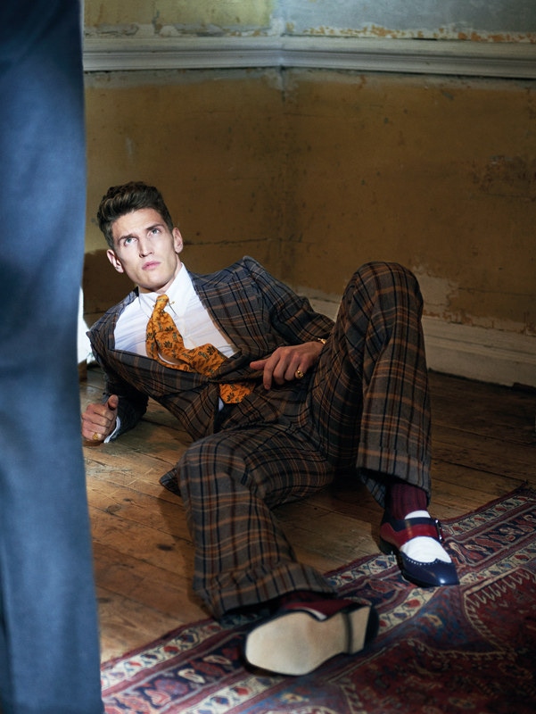 Checked wool suit, Nutters of Savile Row circa 1974 from the Edward Sexton archive; white cotton shirt and yellow-gold collar pin, both Edward Sexton; Rubiroso shoes, Manolo Blahnik; Classique timepiece, Breguet; signet rings, Rebus. Photograph by Jake Walters, styling by Tom Stubbs.