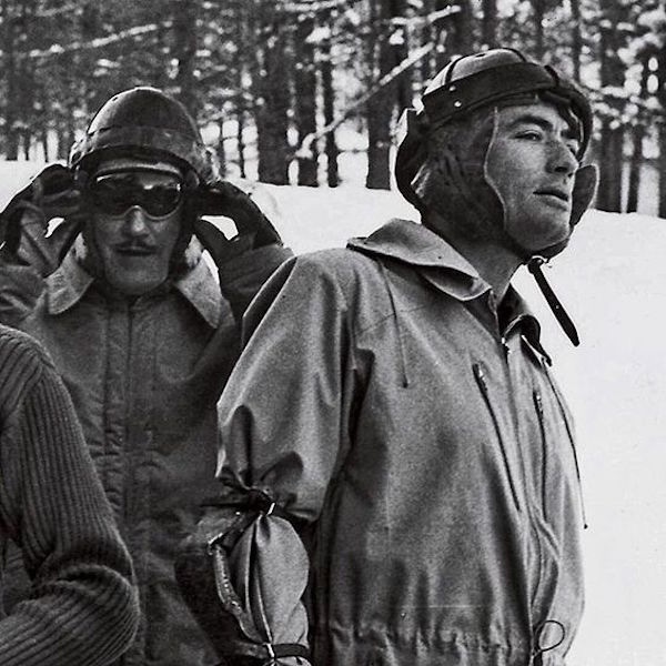 Gregory Peck looks down the slope in St. Moritz whilst participating in the Cresta Run, wearing a Grenfell Walker jacket, circa 1960s.