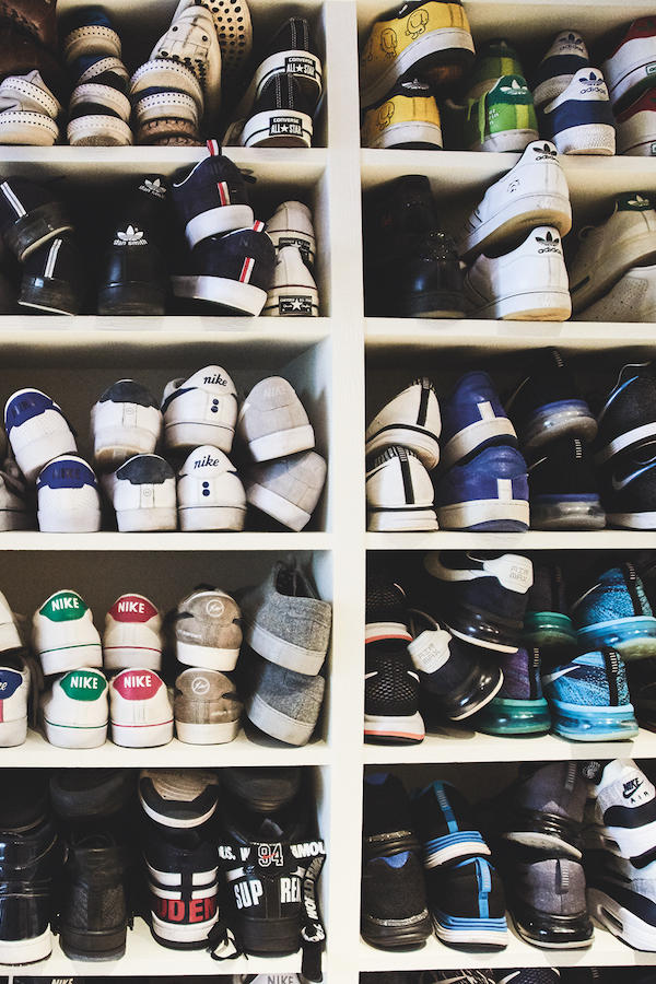 George's impressive shoe collection, including vintage sneakers and sports shoes.