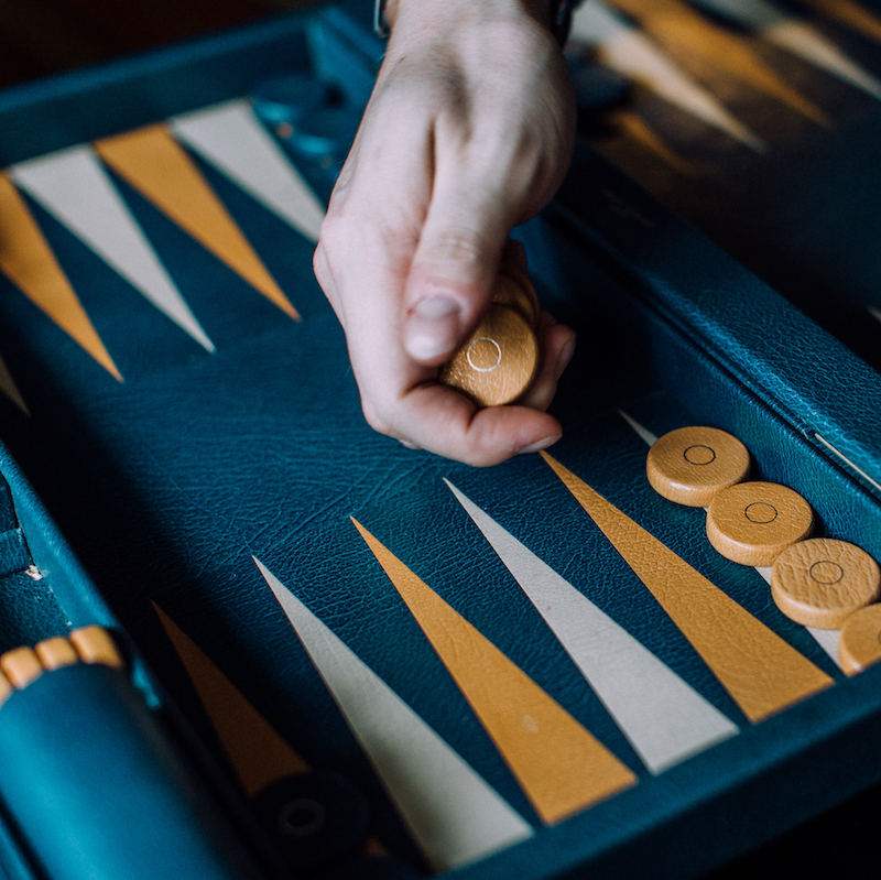 The Swaine Adeney board is over thirty years old, but in top condition. “It went untouched for a while, as my dad didn’t play, but I love the colour and the game. I was taught by the manager of the Bath & Racquets Club, Mario Pederzolli. There’s something about the kind nature of the game – you feel like all the world’s problems could be solved over a game of backgammon.”