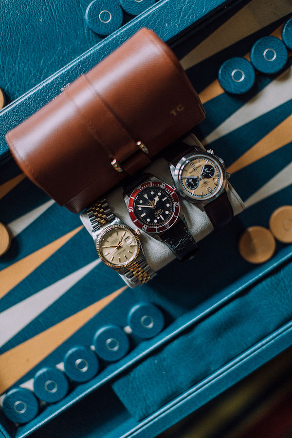 “The Tudor Black Bay was a treat to myself when I started at The Rake. I received the Rolex from my father when I turned 30, and that’s earmarked for my son Harry. I’ve fallen more and more in love with Bell & Ross over the years, and love the [BR V2-94] Bellytanker.” Named after the tank on the belly of planes which were repurposed for motor racing in the 1950s, the peachy colour feels undeniably vintage. “Annoyingly, my wife looks rather good in all of them, so I have to share,” Tom jokes.