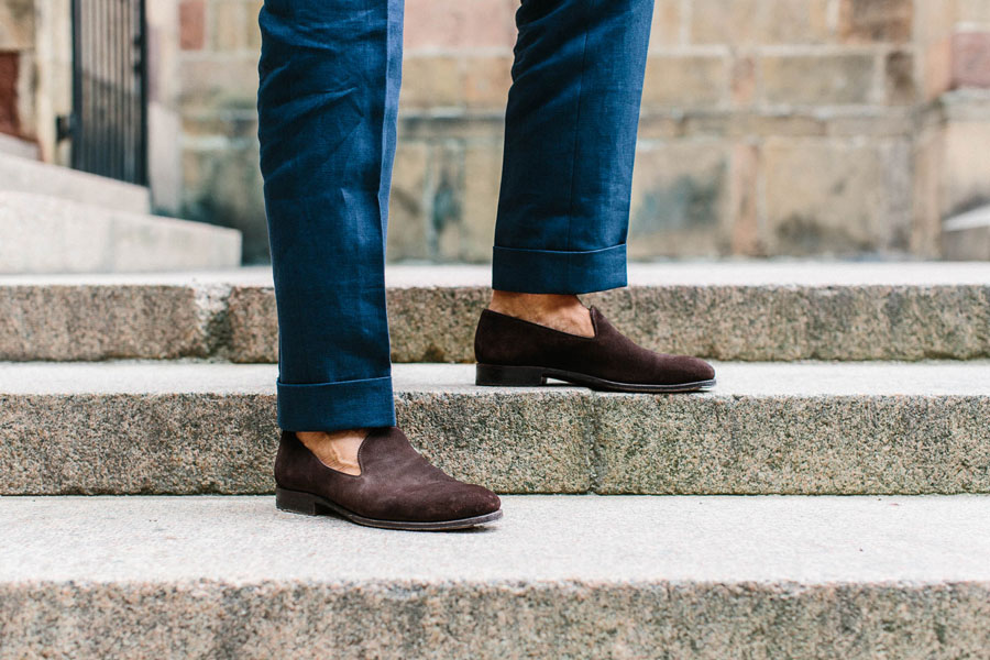 Andreas Weinas wears brown made-to-order loafers by Carmina. Photograph by Jamie Ferguson.