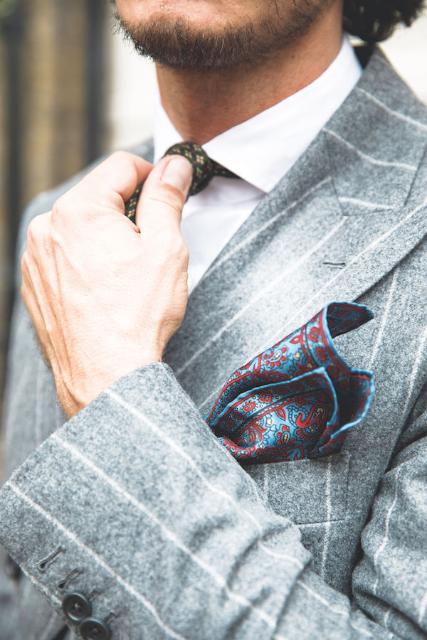 Sebastiano’s suit here is made by Vitale Barberis Canonico. “I’m passionate about pinstripe fabric, because I love suit styling from the 1920s and thirties,” he says. Rubinacci, meanwhile, is behind the tie and pocket-square.