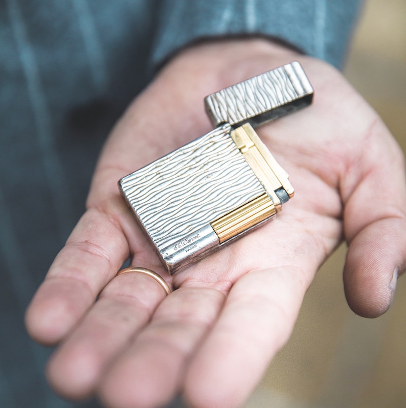 The lighter is the French manufacturer S.T. Dupont’s Gatsby, a limited-edition model made in 1999 from yellow-gold and silver. “I got it for a Christmas present from a very good friend of mine in 1999 after winning a bet,” Sebastiano says.