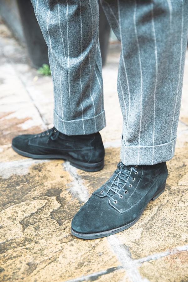 Barbanera’s black Kerouac boots. “I think black suede is very chic when it comes to boots,” says Sebastiano.