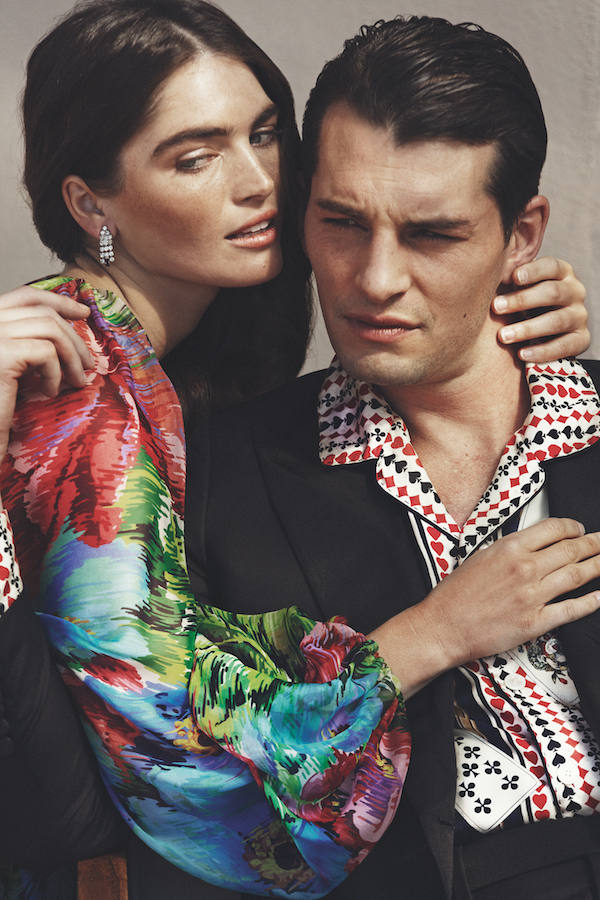 His: Double-breasted jacket and silk pyjama shirt, both Dolce & Gabbana. Hers: Silk chiffon jumpsuit, Dolce & Gabbana.