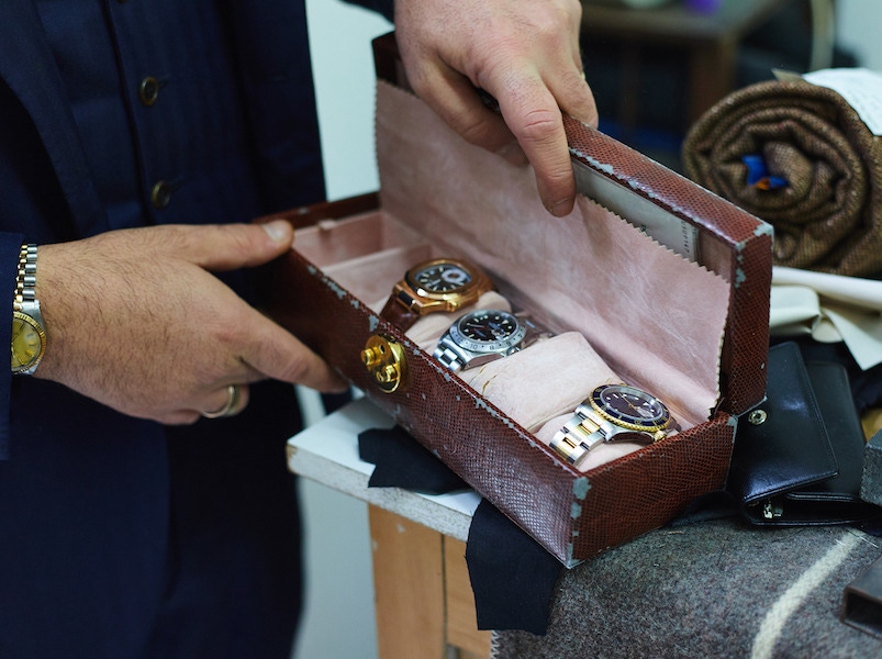 Hidden away in the workshop is Salva's watch roll, however, he has many more at home. From left to right: Patek Philippe Nautilus in rose gold; Rolex Explorer II in steel and Rolex Submariner in steel and yellow gold, which is his 