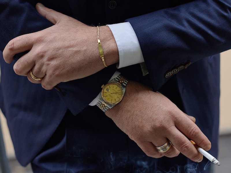 In addition to his watch, Salva wears a Cartier bracelet with his initials engraved, a two-tone ring from Parisian jeweller Boucheron and his wedding ring.