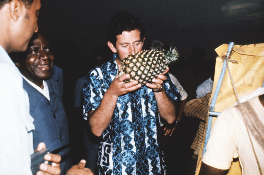 Prince Charles gives the Hawaiian shirt a royal blessing while on a tour of West Africa, 1977. Photograph by Steve Wood/REX/Shutterstock.