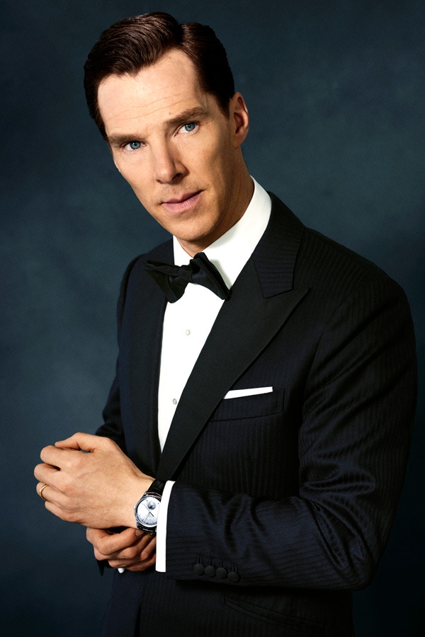 Midnight blue wool, two-piece evening suit with corded silk facing lapels, bespoke Alfred Dunhill; white cotton shirt, Emma Willis; black silk bow tie, yellow gold with mother of pearl cuff links and dress studs and white cotton pocket handkerchief, all Labassa Woolfe. Jaeger-LeCoultre Master Ultra Thin Moon timepiece in white gold, with grey dial and black leather strap.