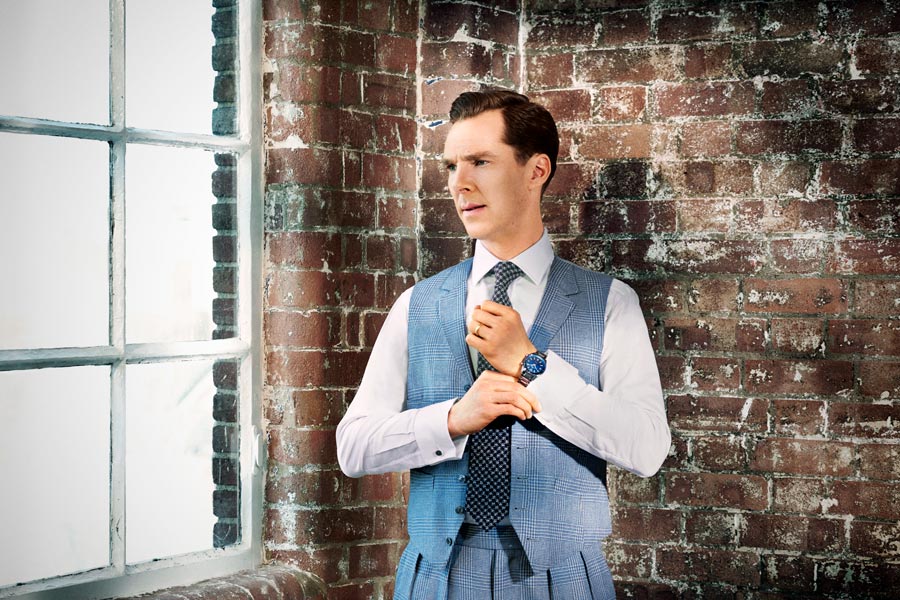 Waistcoat and trousers, bespoke MBE by Tim Everest; white cotton shirt and navy and white silk houndstooth tie, both Emma Willis. Jaeger-LeCoultre Polaris Automatic in Steel, with blue dial and Steel bracelet.