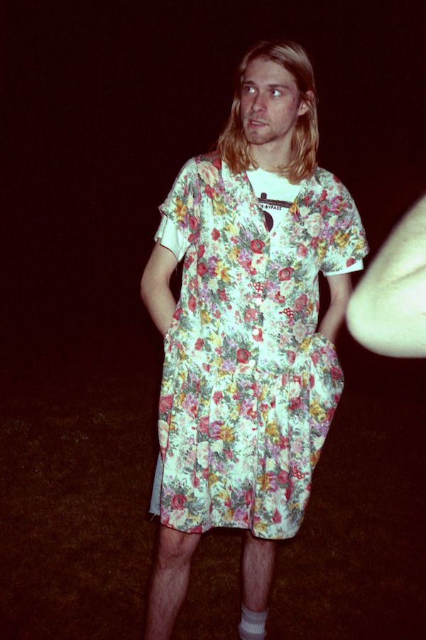 Kurt Cobain dons a floral tea dress during peak grunge, 1993.