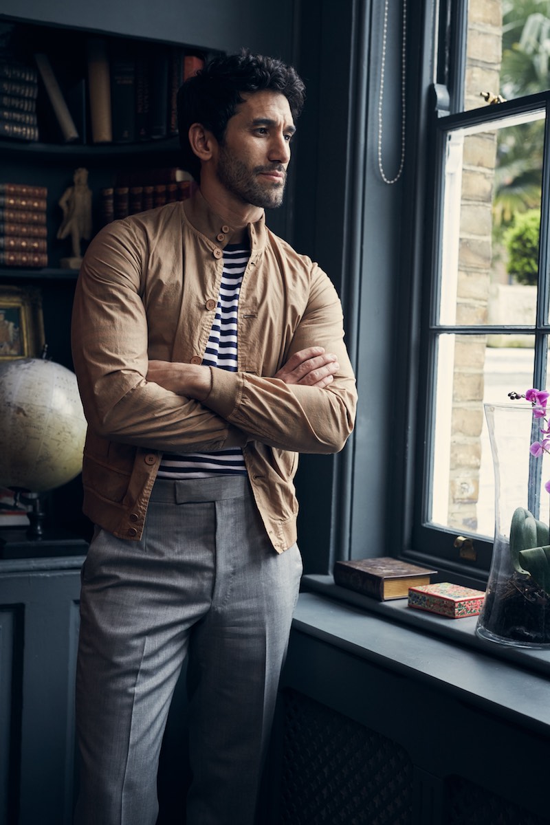 Avena beige cotton jacket, Valstar; striped long-sleeve T-shirt and light grey wool trousers, Anderson & Sheppard. Styling by Jo Grzeszczuk, photograph by Olivier Barjolle.