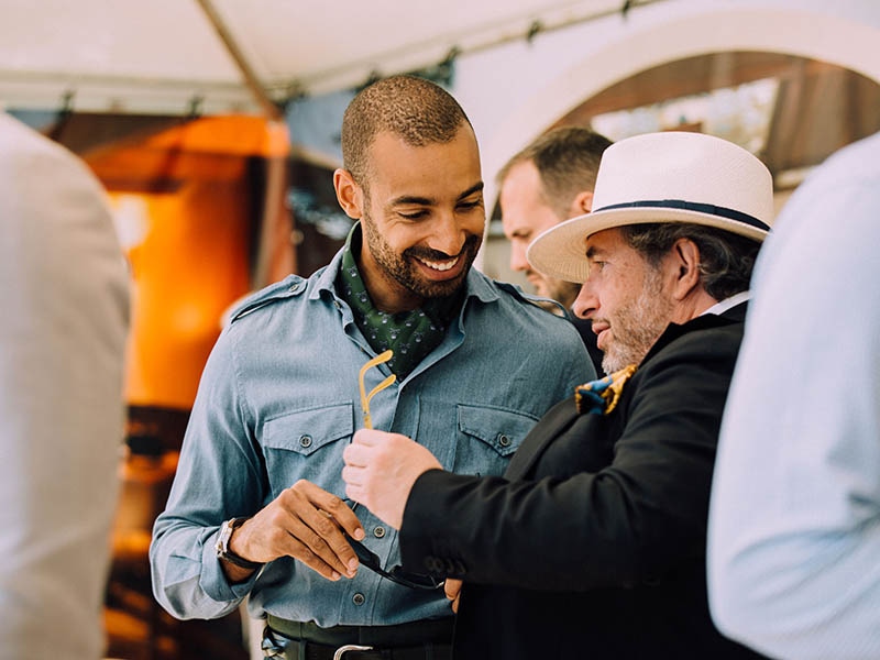 Alain Gafundi, The Rake's Ambassador and Geneva resident, wears a denim Safari shirt from Marol.