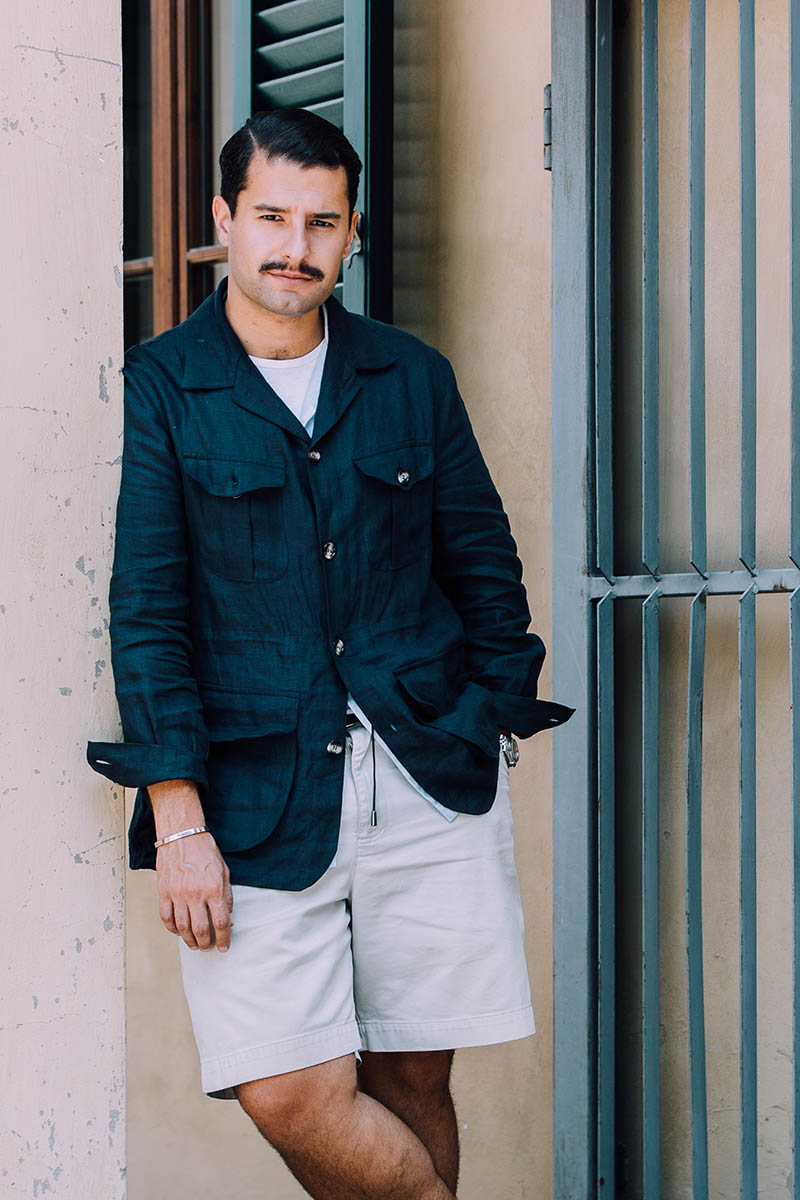 Navy shirt and white shorts: Riviera style at Pitti Uomo.