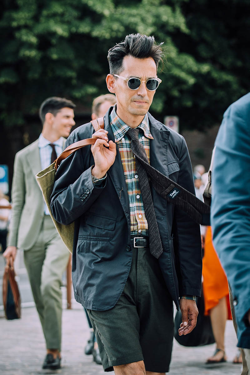 A patterned shirt and tie combo worn with shorts by Johann Selles of Sage Shop at Pitti Uomo 94.