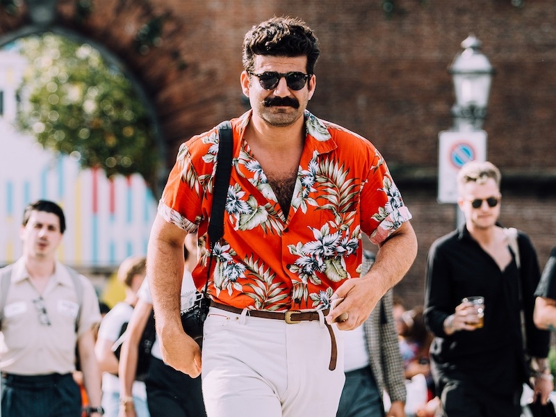 Milad Abedi, on the front line of streetstyle photographer at Pitti Uomo 94, and purveyor of the greatest moustache-Hawaiian shirt combo since Tom Selleck was playing a private investigator.