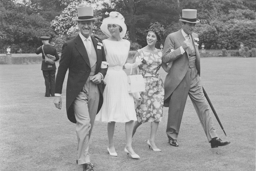 David Niven, Hjordis Paulina Tersmeden, Veronique Peck and Gregory Peck at Royal Ascot, circa 1960s.