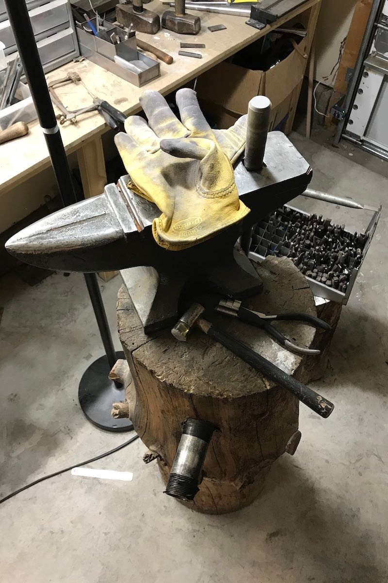 Mike's trusted and unassuming anvil in his garage.