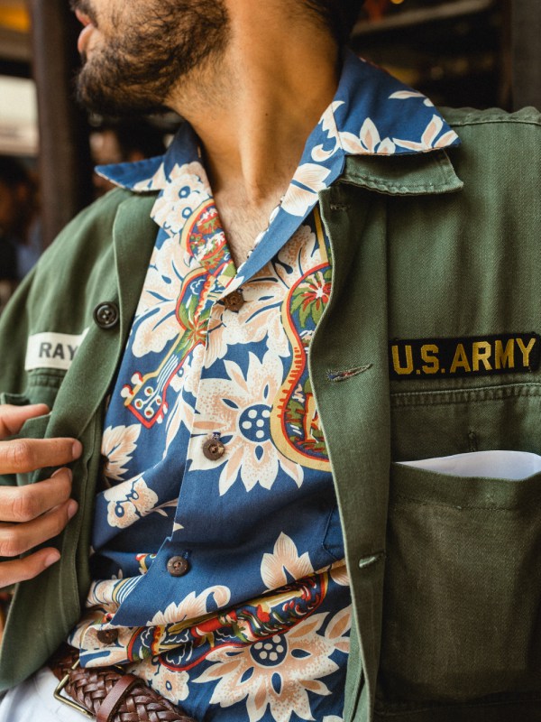 Nathaniel Asseraf of Broadway & Sons wears muted tones of blue and green combined with florals for an instant casual classic.