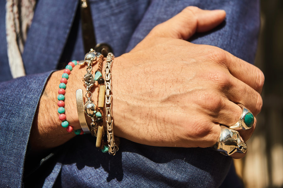 As a reference to his love of rock ’n roll, Karl is never seen without a fair amount of jewellery, mainly from The Great Frog. He favours silver over gold, and here wears a beaded bracelet made by his daughter when holidaying in Ibiza a few years ago.