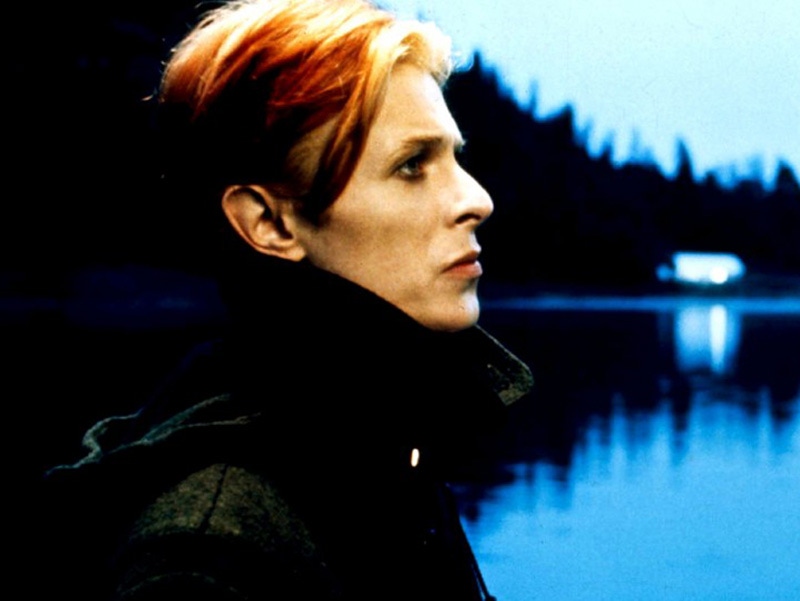 Bowie's ghostly, androgynous features contrast beautifully with the stern black duffle coat he wore for the film.