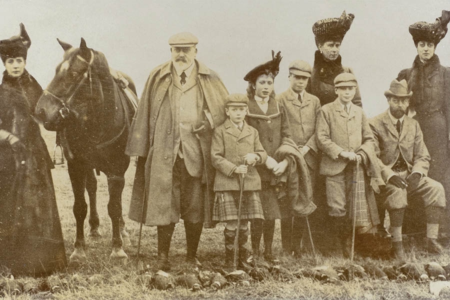 King Edward VII with members of the royal family during a pheasant shoot at Sandringham, circa 1909.