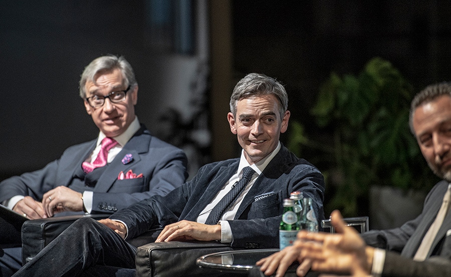 Paul Feig and Toby Bateman, Mr Porter's managing director look on with amusement as The Rake founder Wei Koh discusses his rather pragmatic use for a Rolex on a desert island (note: it involves opening coconuts).