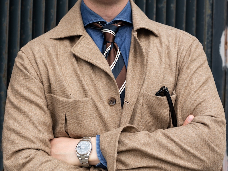 Beige wool safari jacket, worn with Drake's denim shirt and Biggi Cravatte tie. Photography by Shaun Darwood.