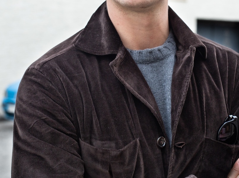 Brown cotton corduroy jacket, worn with a grey rollneck from Doppia. Photography by Shaun Darwood.