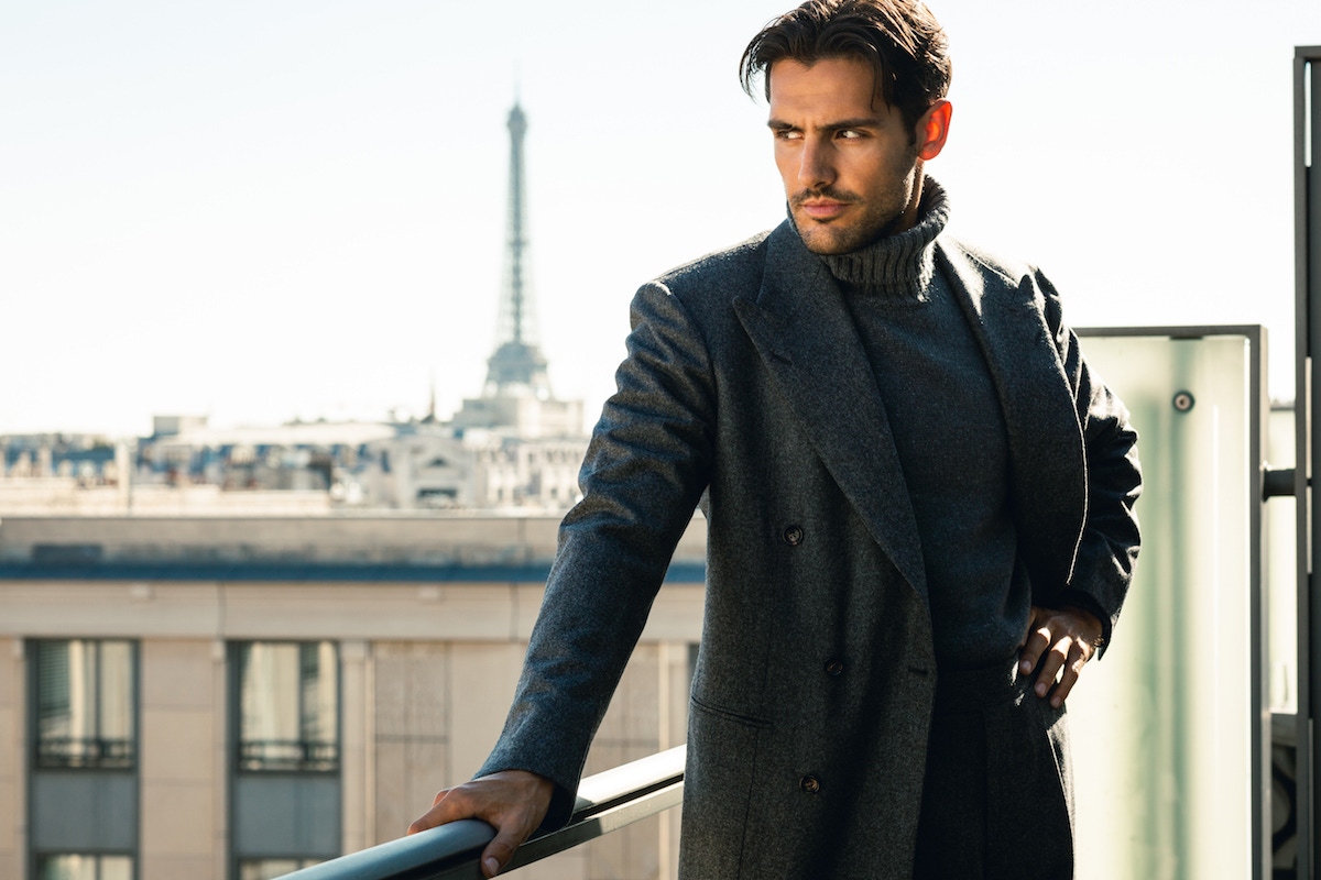 Dalcuore charcoal double-breasted flannel suit and Doppiaa grey cashmere roll neck. Photo by Milad Abedi.