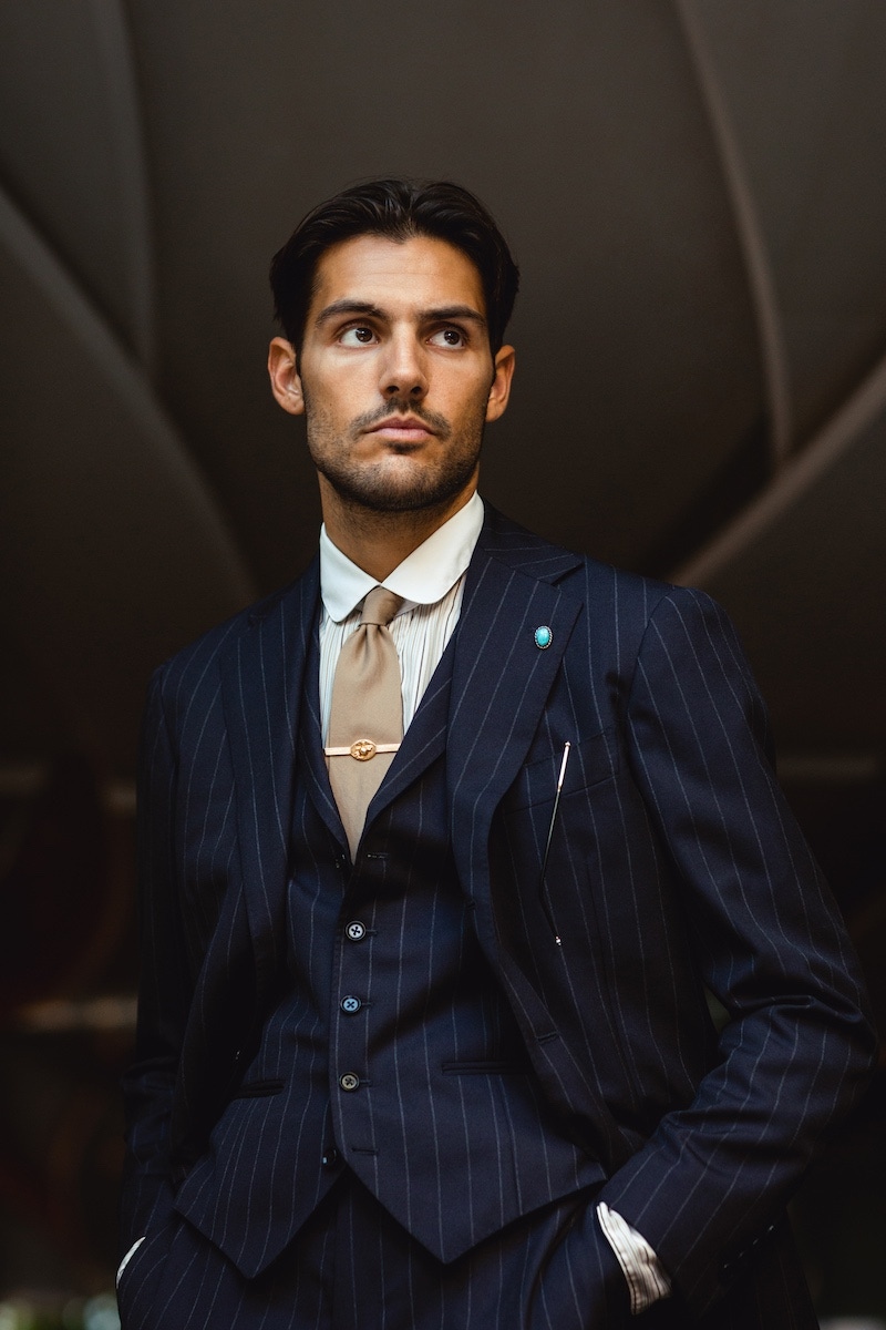 Ring Jacket chalk stripe suit, vintage shirt and tie. Photo by Milad Abedi.