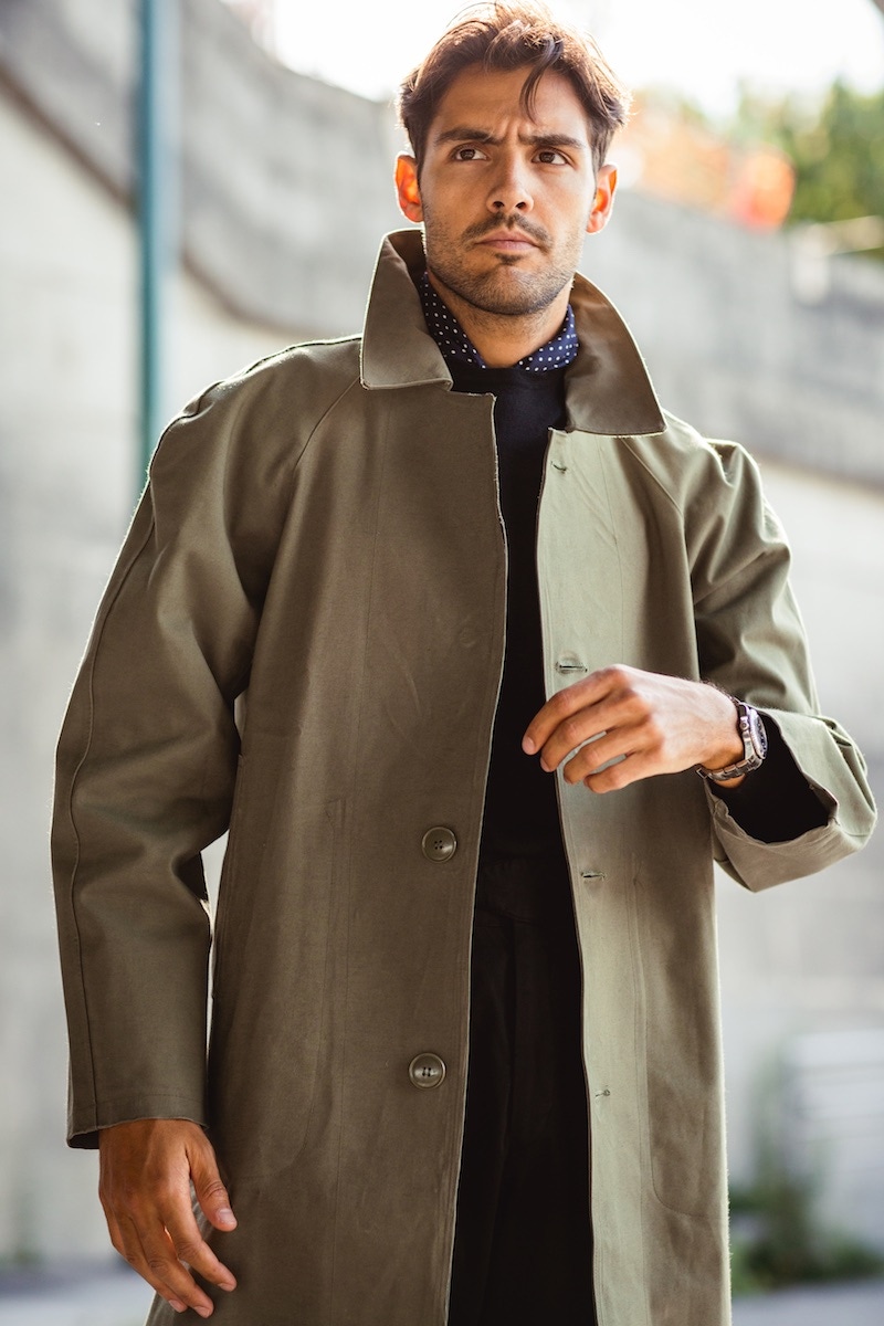 Rubinacci cotton Manny trouser, Anderson & Sheppard knit and scarf, vintage coat from Broadway & Sons. Photo by Milad Abedi.