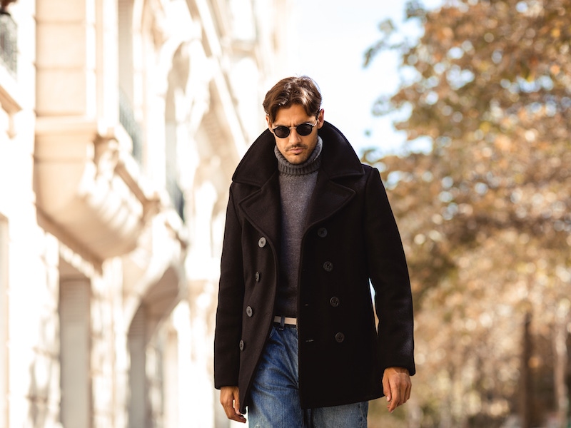 Schott NYC peacoat, Doppiaa grey rollneck, jeans from Broadway & Sons. Photo by Milad Abedi.