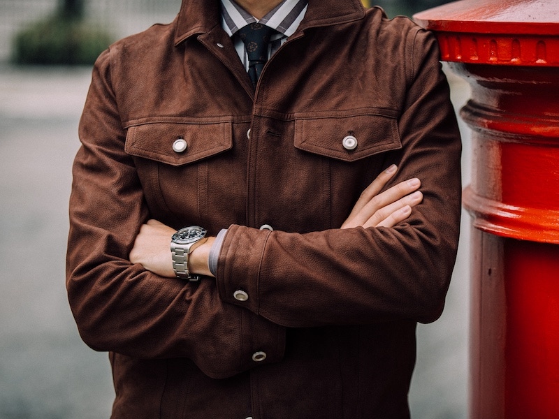 The dark brown trucker jacket comes with gunmetal hardware which offers a nice point of difference and contrast. Photo by Jamie Ferguson.