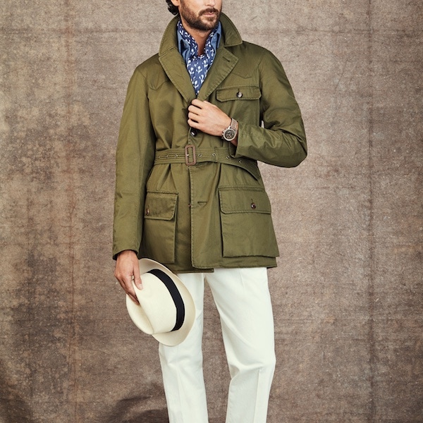 Safari: Jacket by Grenfell; Shirt by Emma Willis; Scarf by Anderson & Sheppard; Trousers by Rubinacci; Boots by Ludwig Reiter; Hat by Lock & Co; Watch is a circa 1955 Breitling Navitimer ‘Pre-806’ in stainless steel.