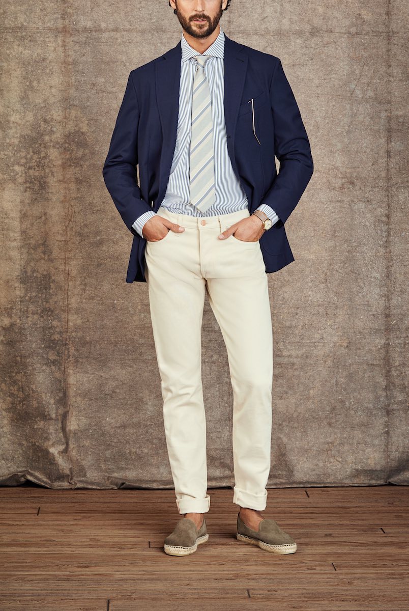 The Hamptons: Jacket by Rubinacci; Shirt by Marol; Tie by Fumagalli 1891; Espadrilles by Manebi; Watch is a Patek Philippe 1955 with enamel dial in yellow gold.