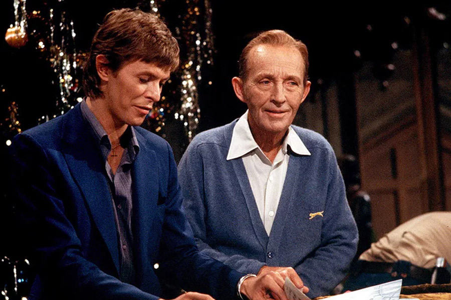 Bing Crosby, pictured here with David Bowie, was a proud proponent of the classic cardigan.