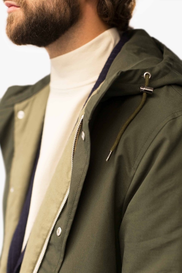 Olive water-repellent cotton parka.