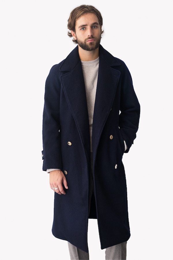 Navy blue wool trenchcoat.