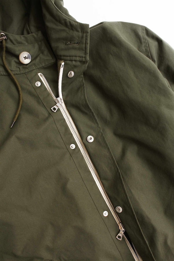 Olive water-repellent cotton parka.