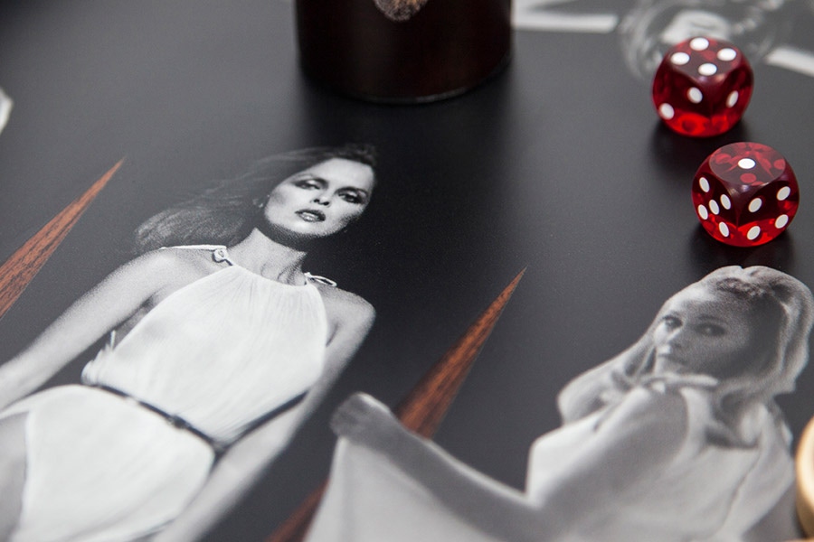 Details of the Terry O'Neal Goddesses Backgammon Set, which features icons such as icons such as Bridget Bardot, Raquel Welch, Ursula Andress, Goldie Hawn, Jean Shrimpton, Audrey Hepburn and Twiggy.