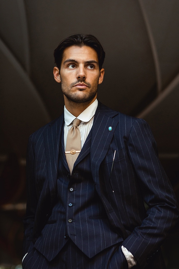 Ring Jacket chalk stripe suit, vintage shirt and tie. Photo by Milad Abedi.