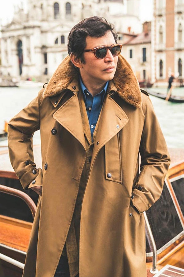 Wei Koh, founder of The Rake, wears the Thornhill frames in Venice.