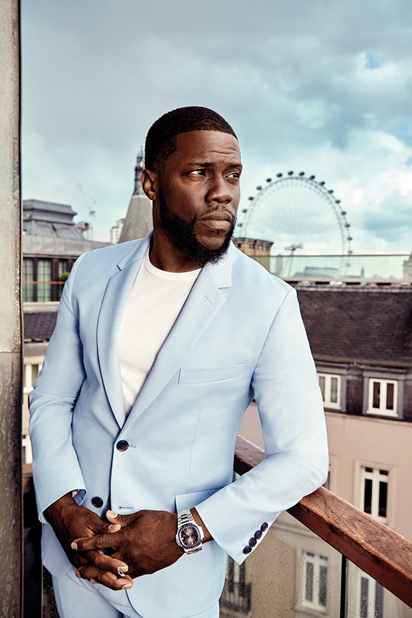 Powder blue cotton suit, Paul Smith; white cotton T-shirt, Sunspel; Patek Philippe platinum Nautilus with sapphire bezel, property of Kevin Hart.